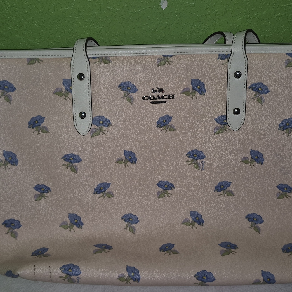 Coach Beige Tote with Blue Floral Design